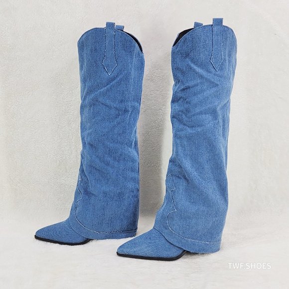 Rough Cut Denim Skirted Fold Over Country Western Knee High Cowgirl Boots - Picture 3 of 11